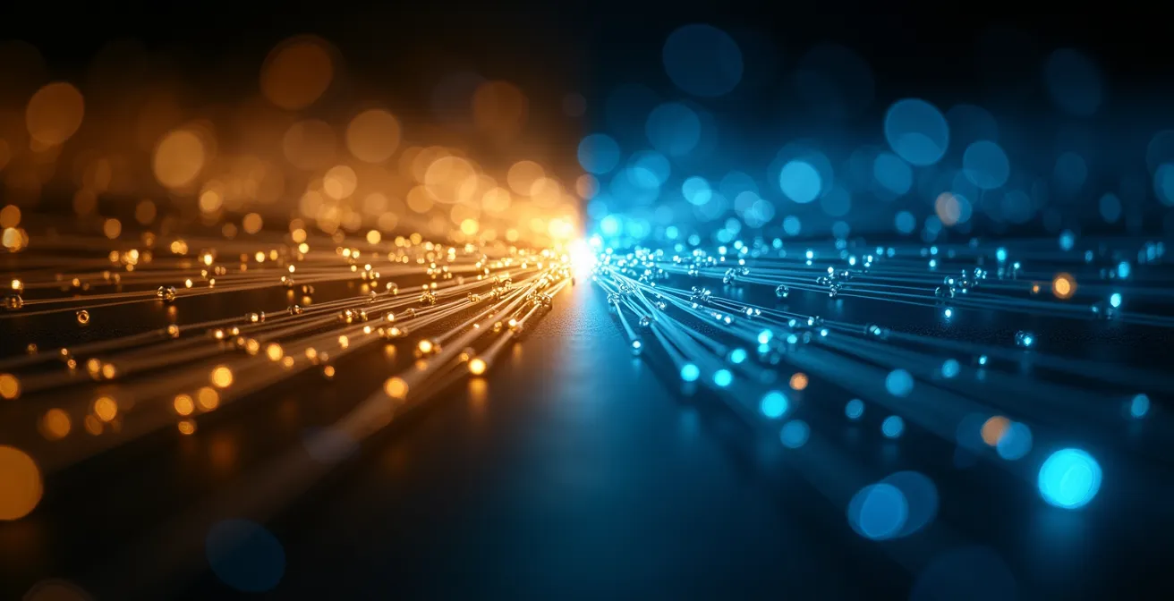 Visualisation abstraite de l'algorithme Spotify montrant des connexions organiques versus artificielles