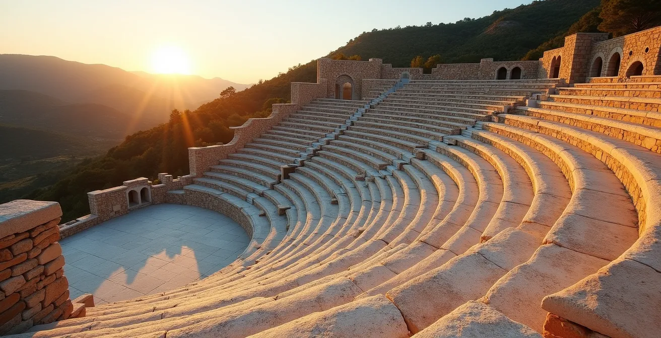 Vue panoramique d'un amphithéâtre antique montrant les gradins en arc de cercle