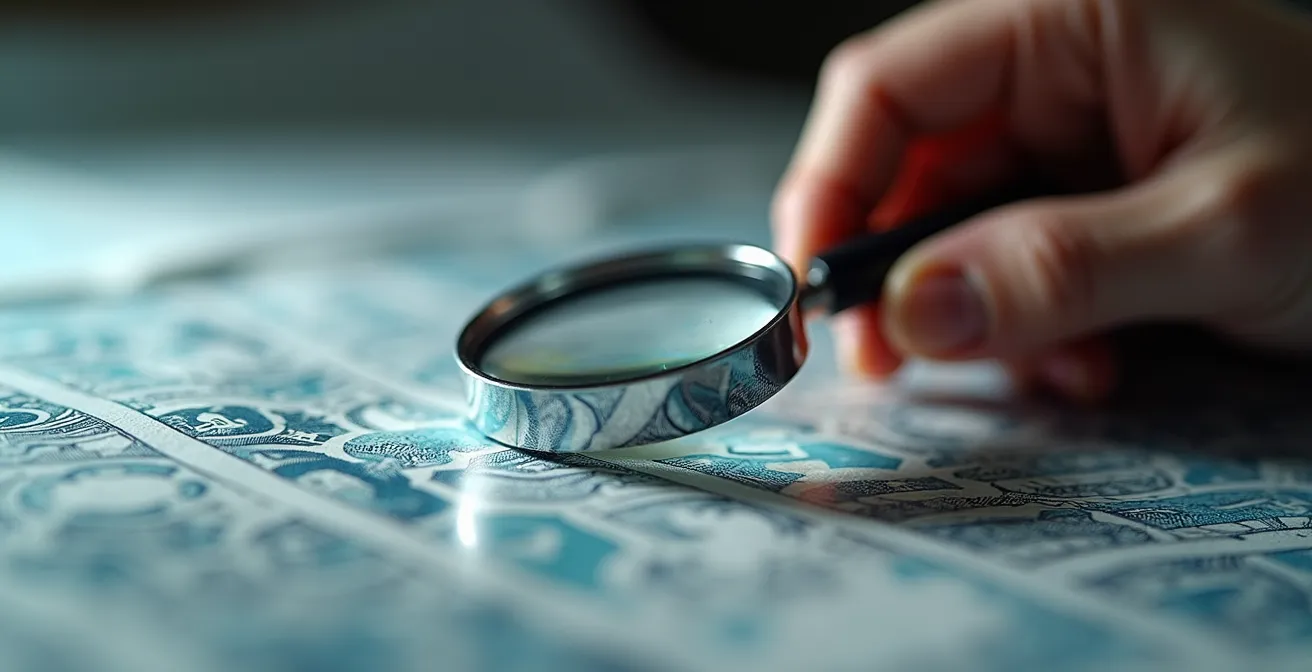 Gros plan sur des mains examinant un document avec une loupe, révélant des textures et des détails de papier