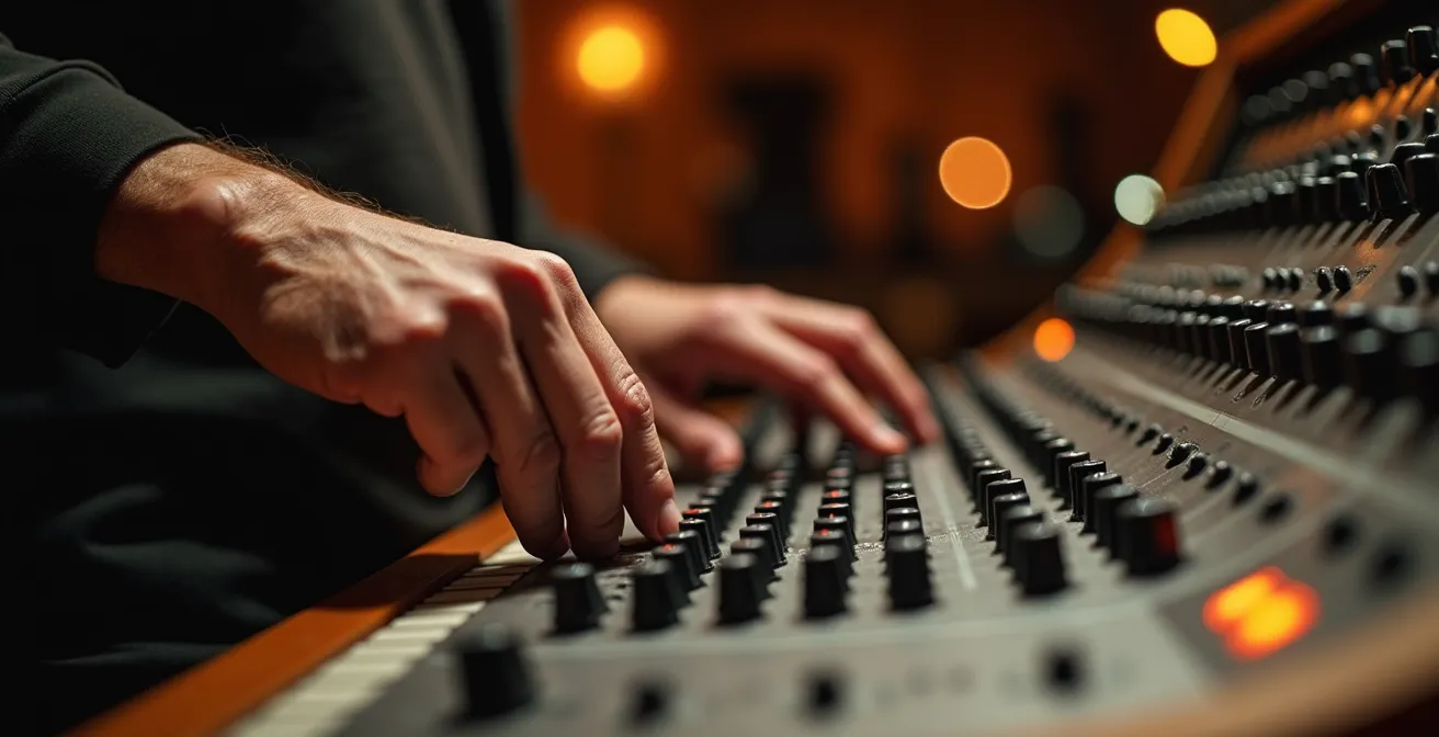 Vue latérale d'un rack de studio montrant des égaliseurs hardware avec des LED colorées reflétant sur les surfaces métalliques