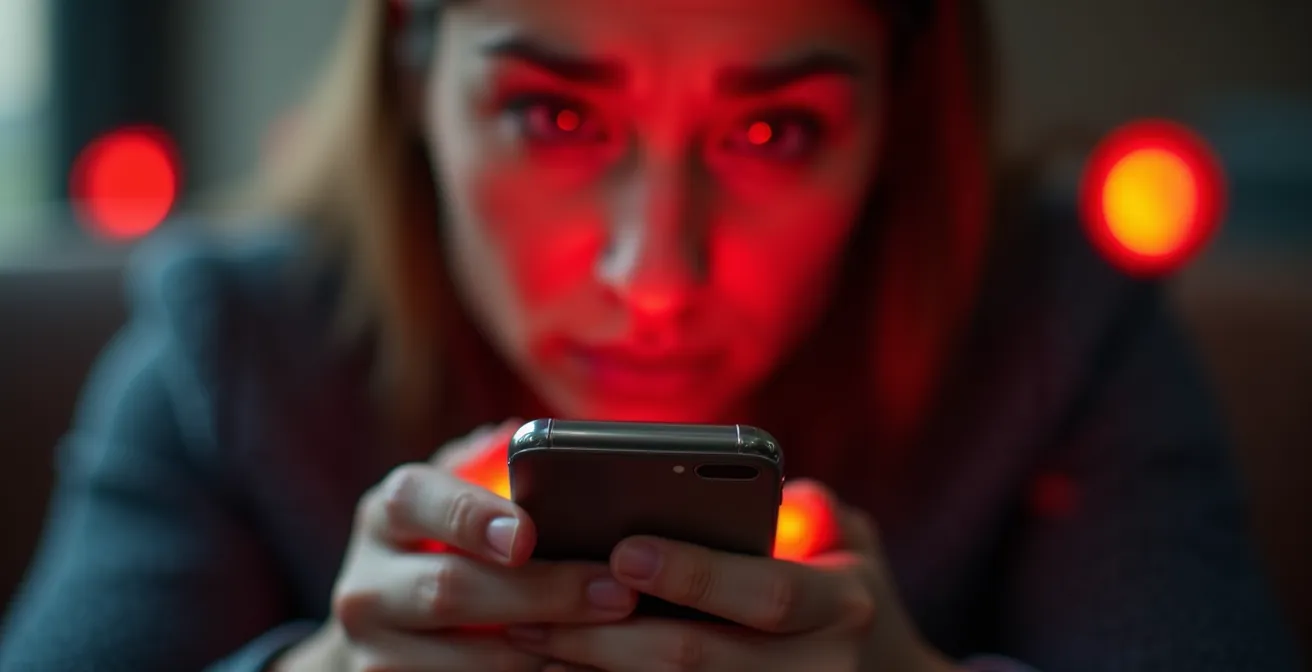 Main tenant un smartphone montrant une conversation suspecte avec des signaux d'alerte