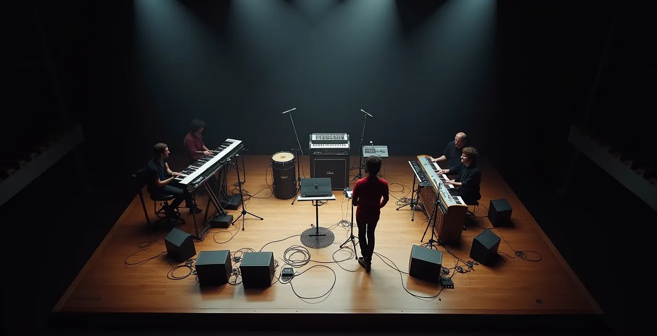 Vue aérienne d'un petit groupe de quatre musiciens sur scène créant une performance complexe avec multi-instruments et technologies de bouclage