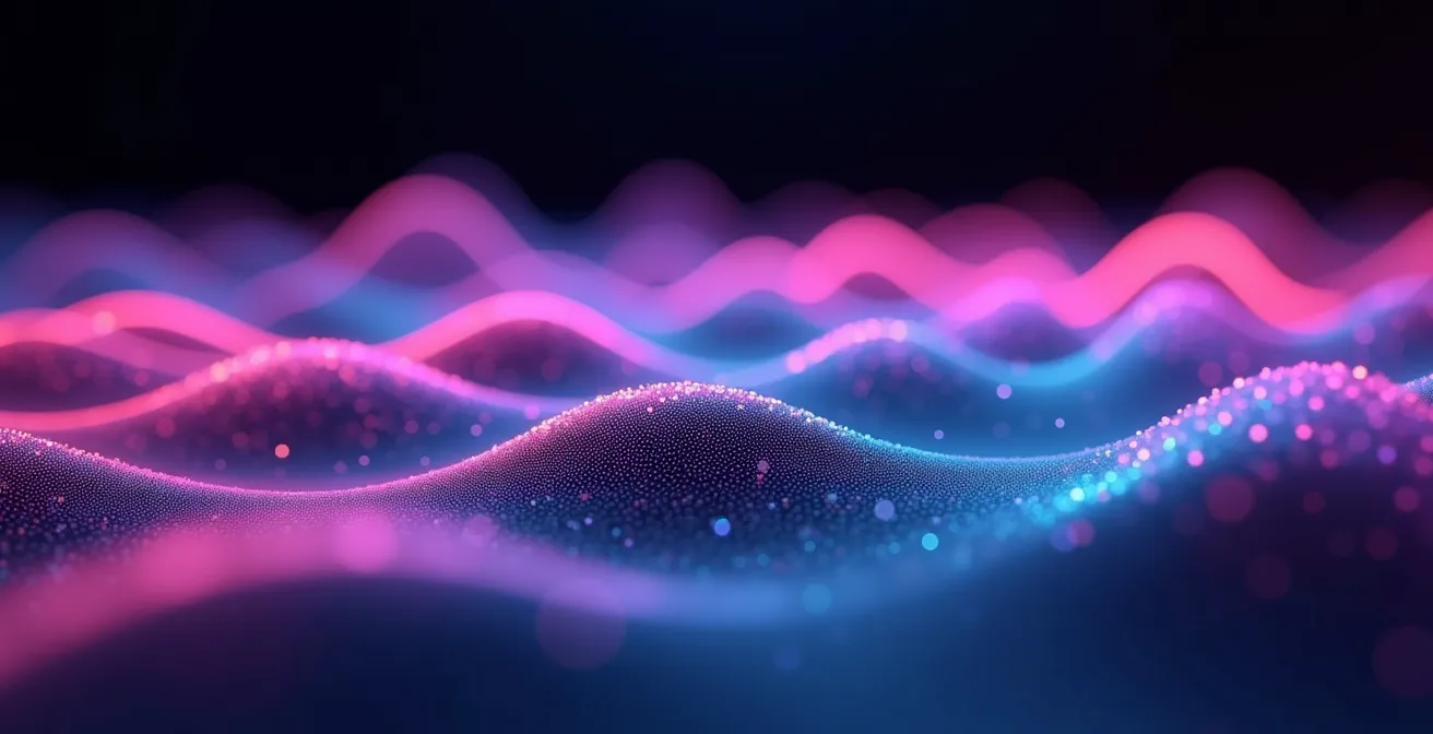 Vue macro d'un smartphone montrant des ondes sonores colorées représentant la viralité musicale sur les réseaux sociaux