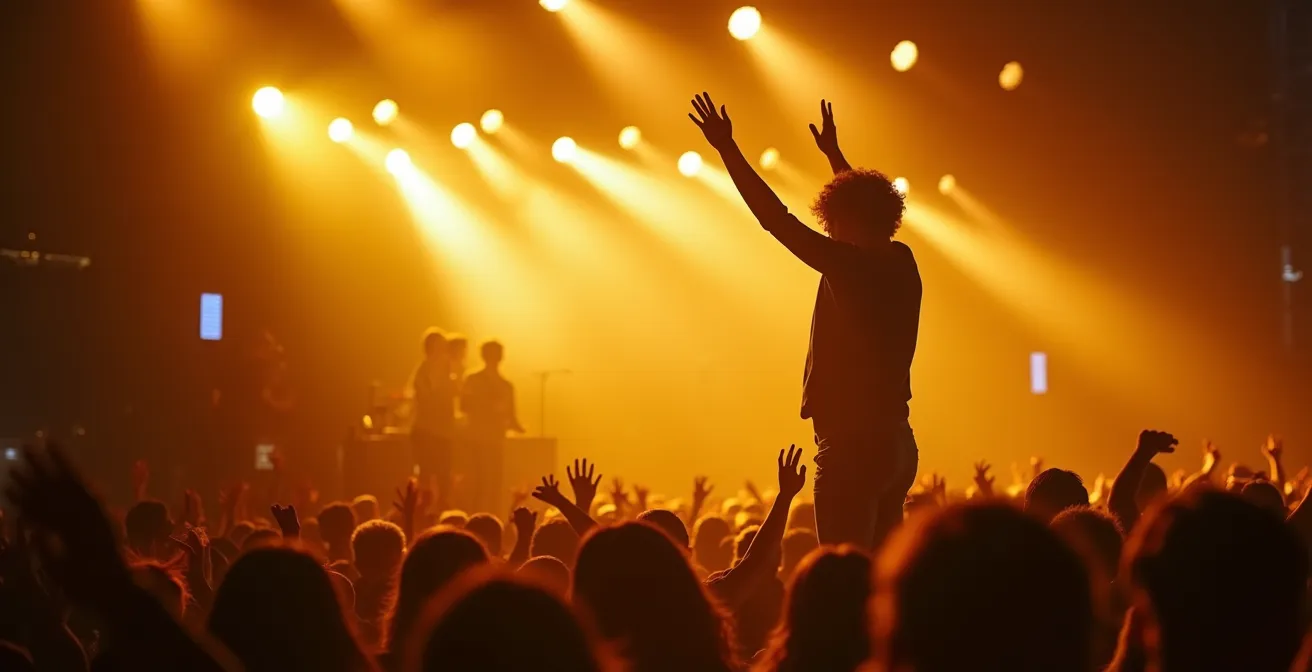 Artiste émergent sur scène avec un jeu de lumières puissant symbolisant son ascension future.