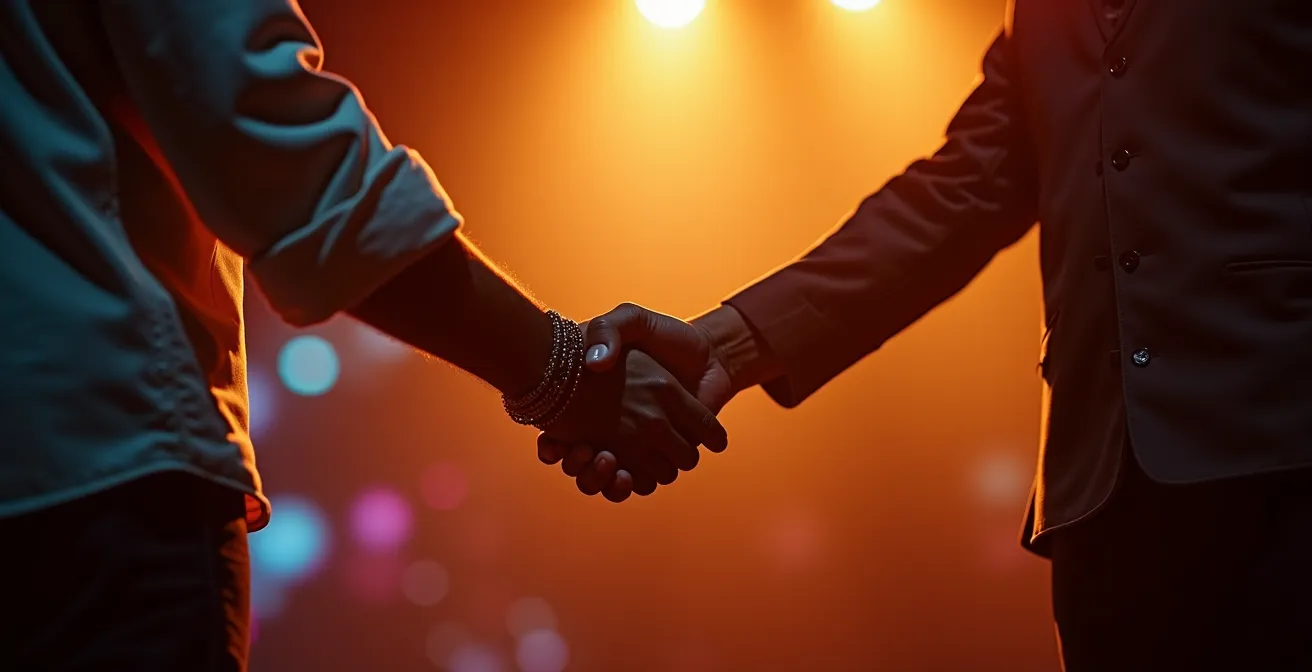 Deux musiciens se serrant la main sur scène, moment de collaboration artistique