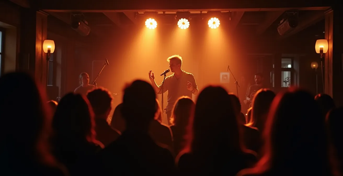 Musicien sur scène dans une salle intimiste, échange de regards avec le public proche