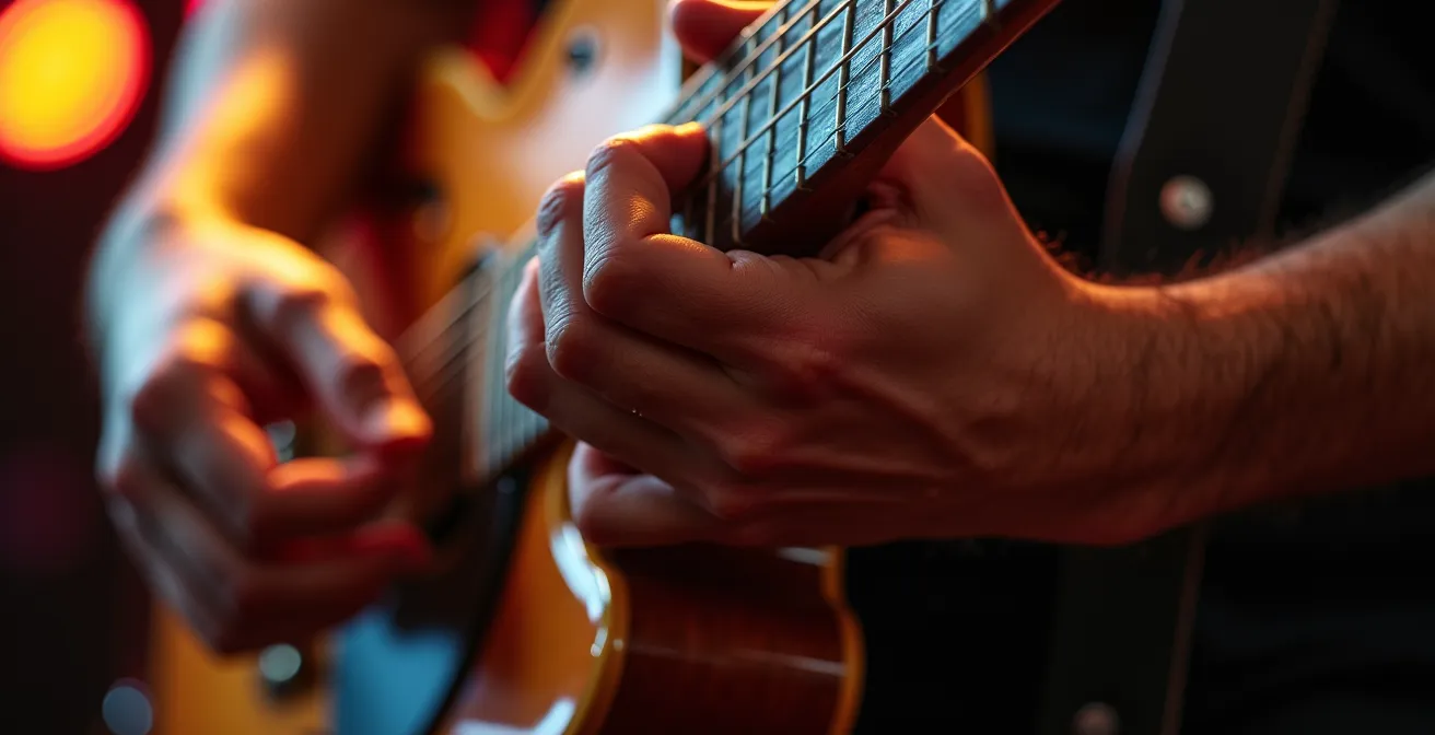 Gros plan macro sur les doigts d'un guitariste pendant un solo expressif montrant la tension et l'émotion du moment live