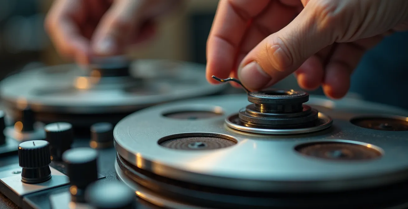 Gros plan sur des bandes magnétiques enroulées et des mains manipulant une console analogique