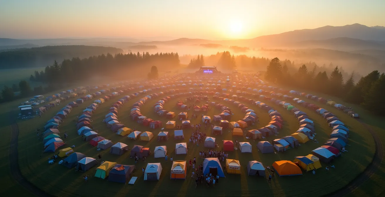 Vue aérienne d'un camping de festival européen avec tentes colorées et scènes au loin