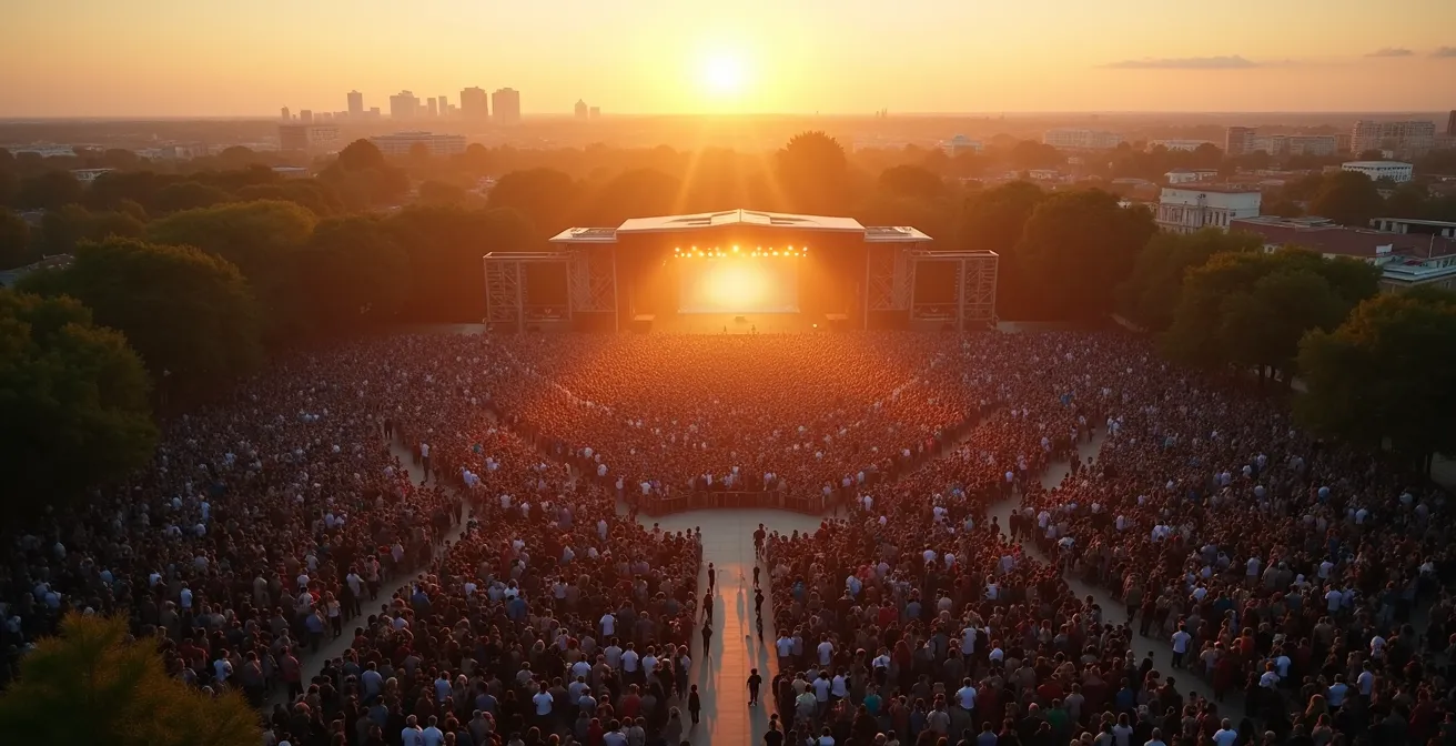 Vue aérienne minimaliste d'une scène de concert dans un espace ouvert avec foule formant des motifs géométriques