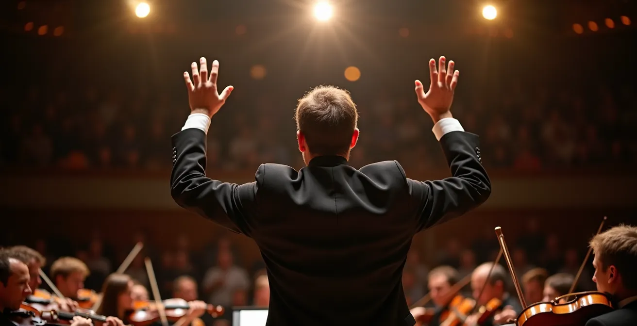 Chef d'orchestre capturé en plein mouvement expressif dirigeant l'ensemble symphonique