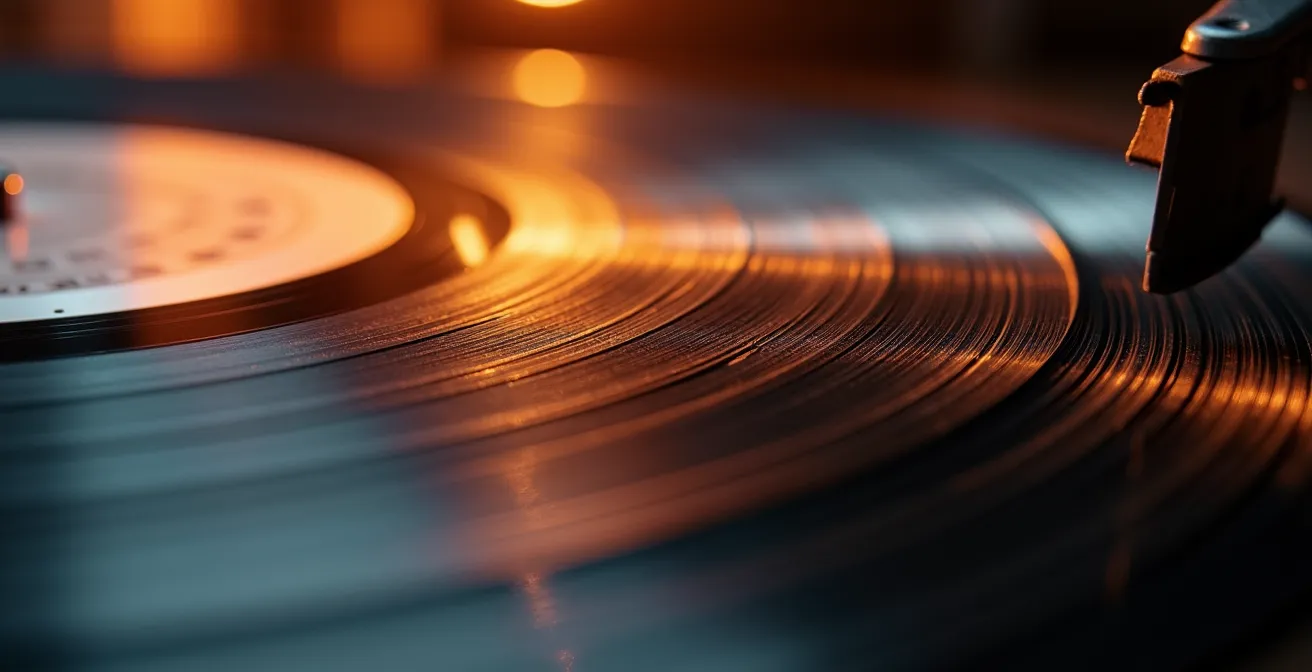 Vue macro détaillée d'un vinyle avec des reflets lumineux créant des motifs abstraits