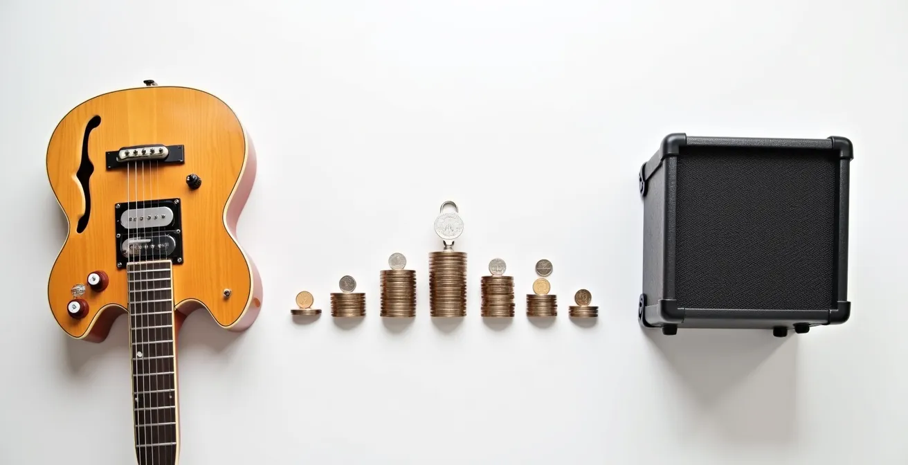 Vue en plongée d'une guitare électrique et d'un ampli avec des pièces de monnaie disposées entre eux symbolisant la répartition du budget