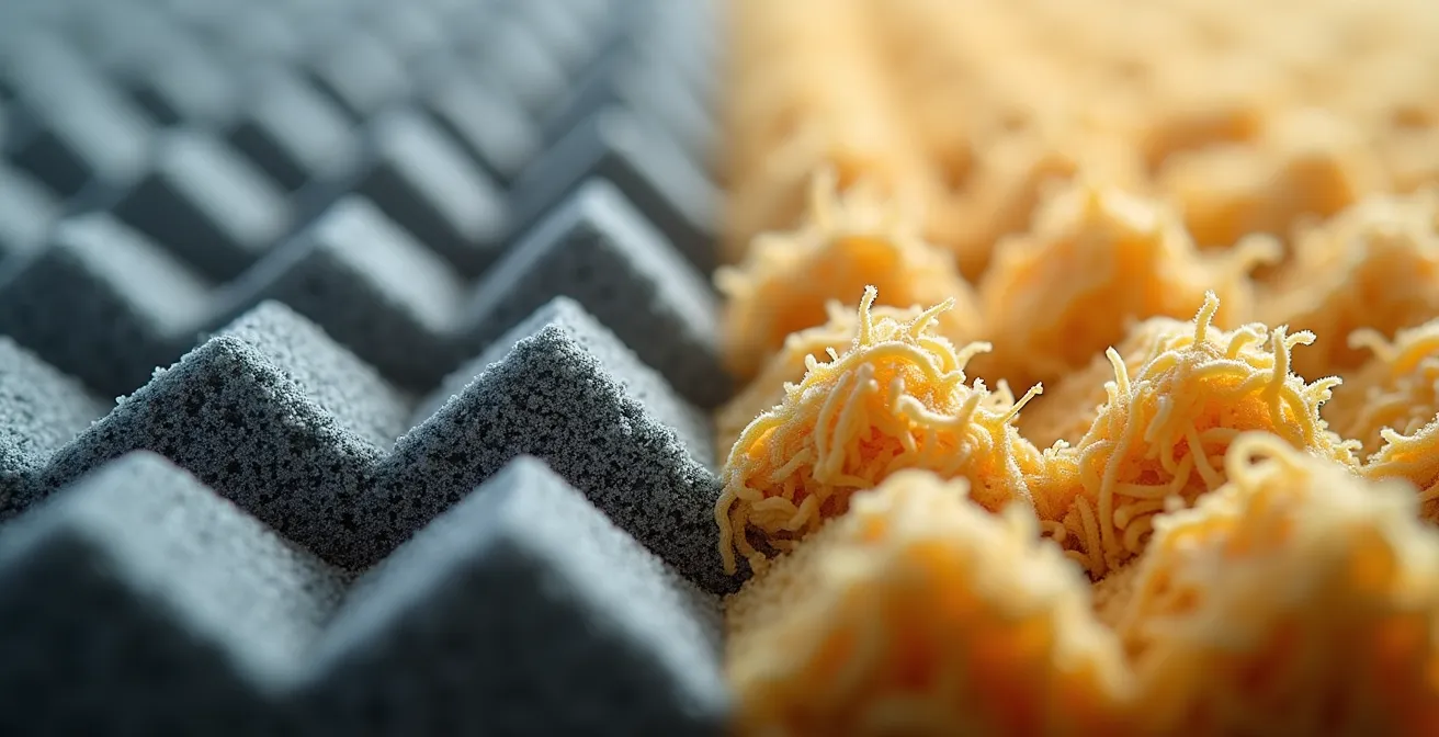 Macro photographie montrant la texture de la mousse acoustique versus la laine de roche