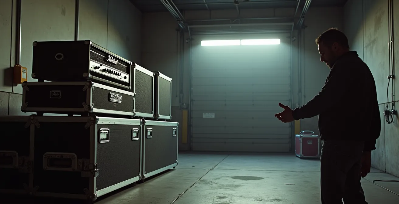Contraste visuel entre un lourd ampli à lampes et un modélisateur compact dans un environnement de tournée
