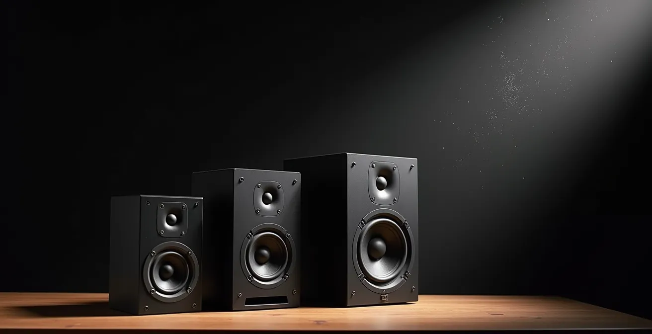 Comparaison visuelle de moniteurs 5, 6 et 8 pouces dans un espace studio restreint