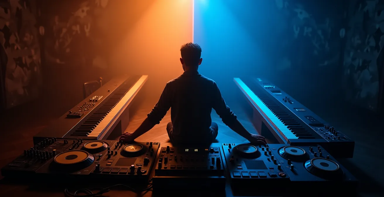 Représentation symbolique du processus créatif avec deux approches de workflow musical