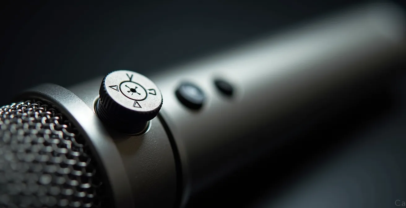 Vue macro d'une capsule de microphone avec sélecteur de directivité