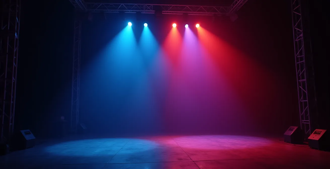 Contraste saisissant entre éclairage bleu apaisant et rouge dynamique sur scène