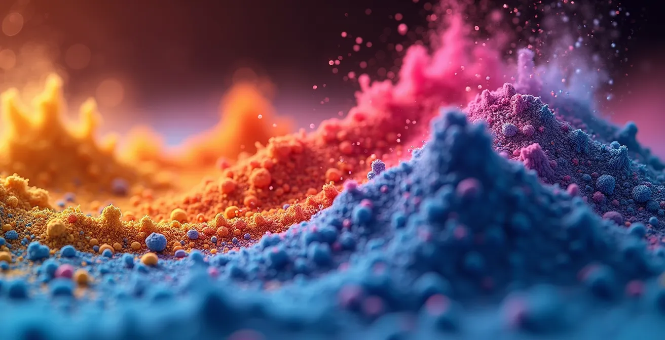 Vue macro de vibrations sonores créant des motifs dans de la poudre colorée