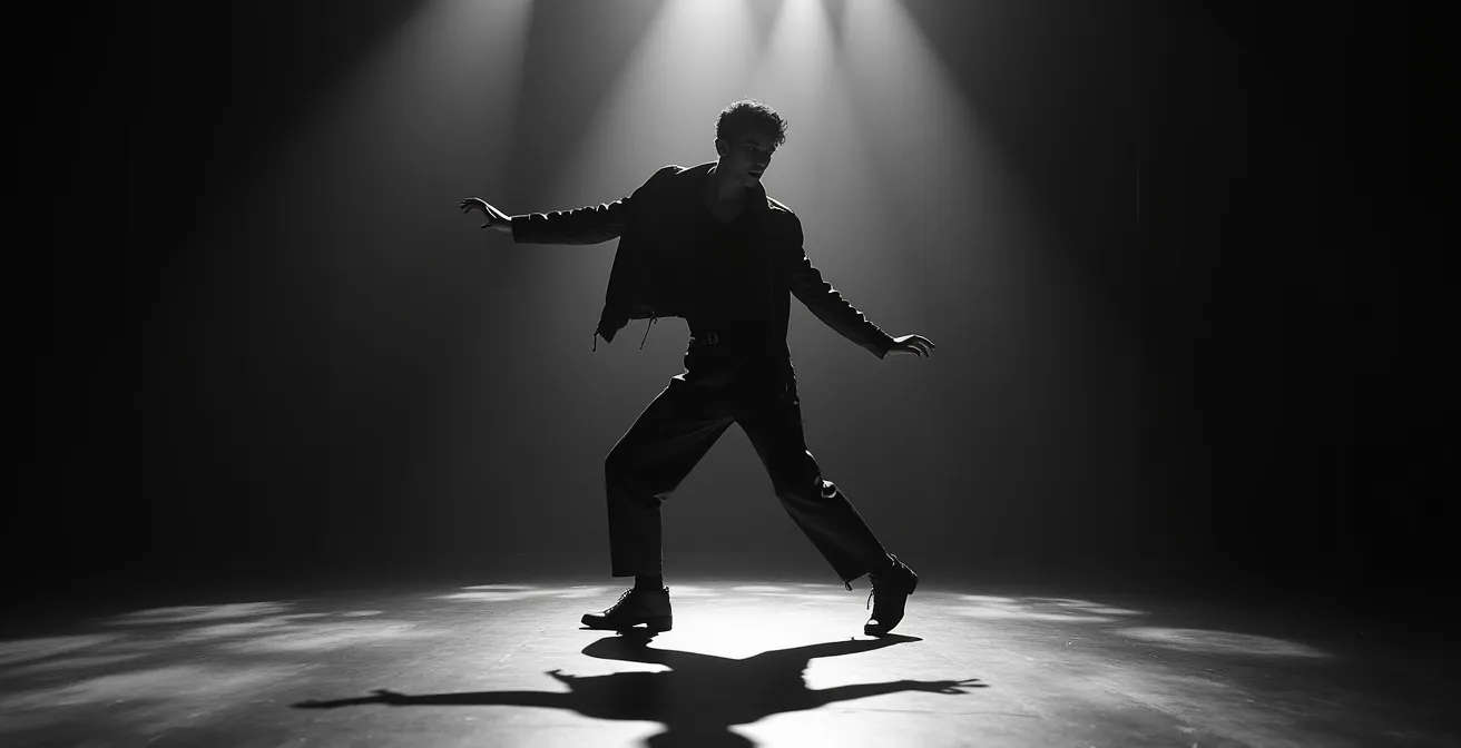 Silhouette dynamique d'un danseur rock'n'roll capturée en mouvement, éclairage dramatique soulignant le mouvement corporel