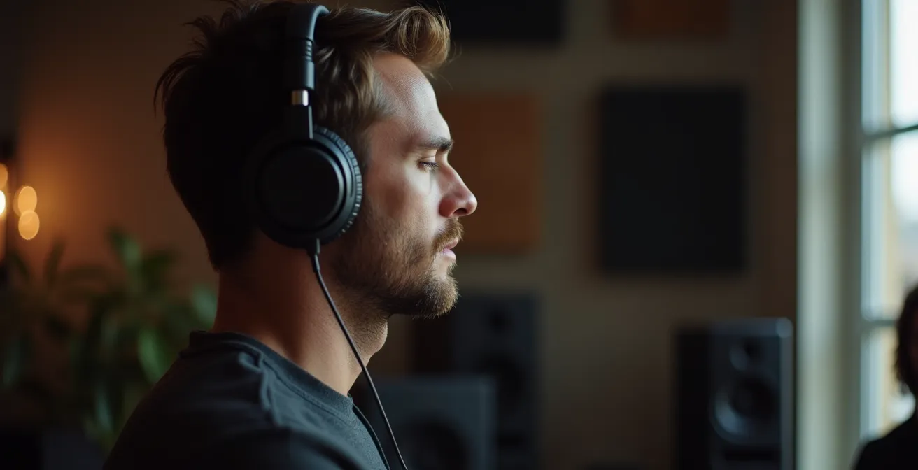 Personne écoutant de la musique avec des écouteurs professionnels dans un environnement acoustique contrôlé
