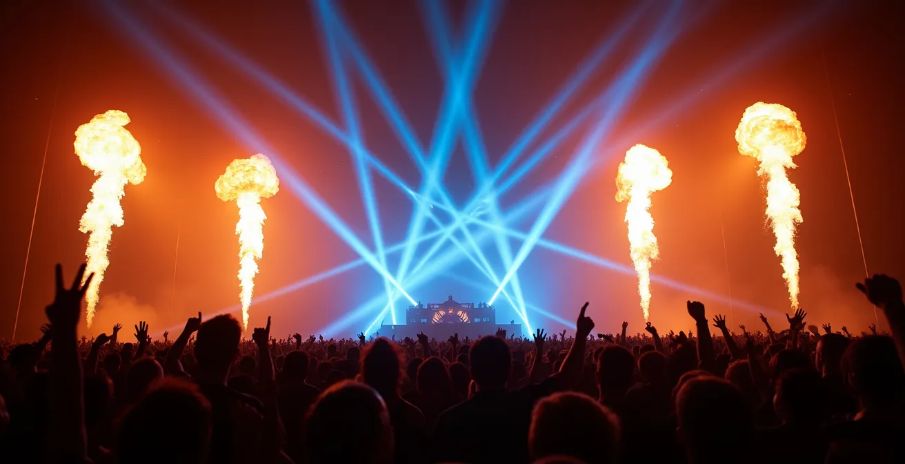 Scène de concert avec jets de flammes et faisceaux lumineux créant une atmosphère dramatique