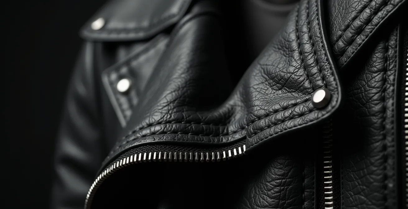 Portrait en gros plan montrant la texture du cuir noir et les détails de couture d'une veste rock iconique