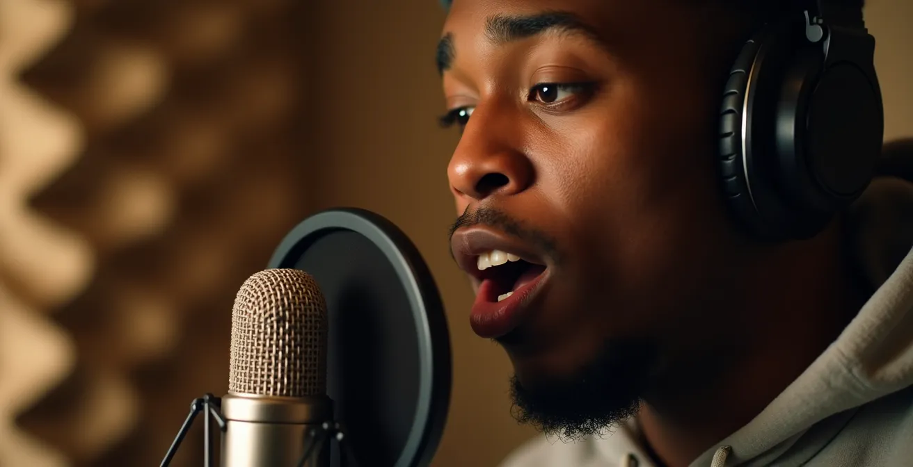 Rappeur s'entraînant à la diction dans une cabine d'enregistrement professionnelle