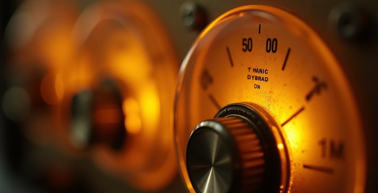 Gros plan sur un analyseur spectral montrant une courbe de fréquences avec des zones de réduction dynamique visibles