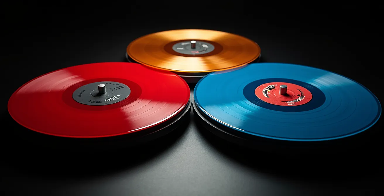 Représentation visuelle de l'équilibre des genres musicaux dans un festival avec trois platines symbolisant le rock, le rap et l'électro.