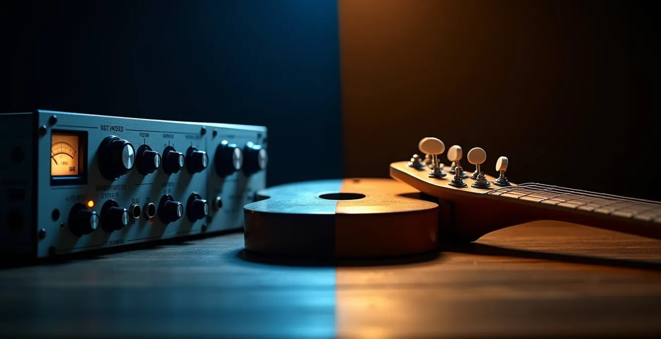 Balance symbolique entre équipement technique et instruments de musique