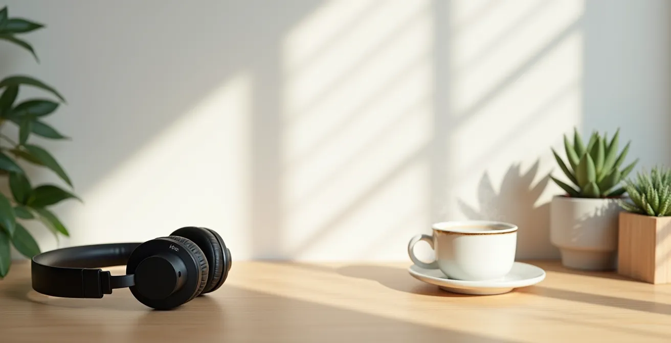 Bureau épuré avec casque audio et plantes vertes dans un environnement de travail serein