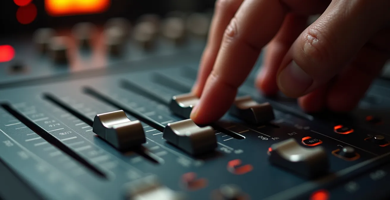 Gros plan sur les faders manuels d'une console de mixage avec main d'ingénieur du son