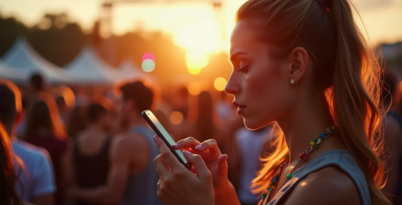 Festivalier consultant son smartphone pour naviguer dans la foule avec des points de repère colorés en arrière-plan