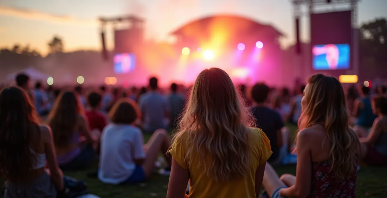Scène de festival au petit matin avec lumières douces et foule dispersée dans une atmosphère contemplative
