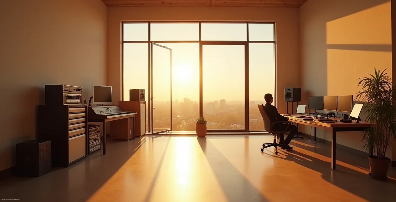 Un studio de musique épuré avec vue large montrant l'espace de travail complet