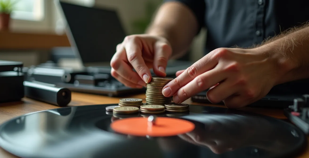 Visualisation abstraite des flux financiers du streaming musical avec cercles et connexions