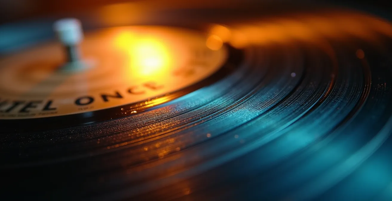 Vue macro de sillons de vinyle où les textures se mélangent entre zones lisses et rugueuses