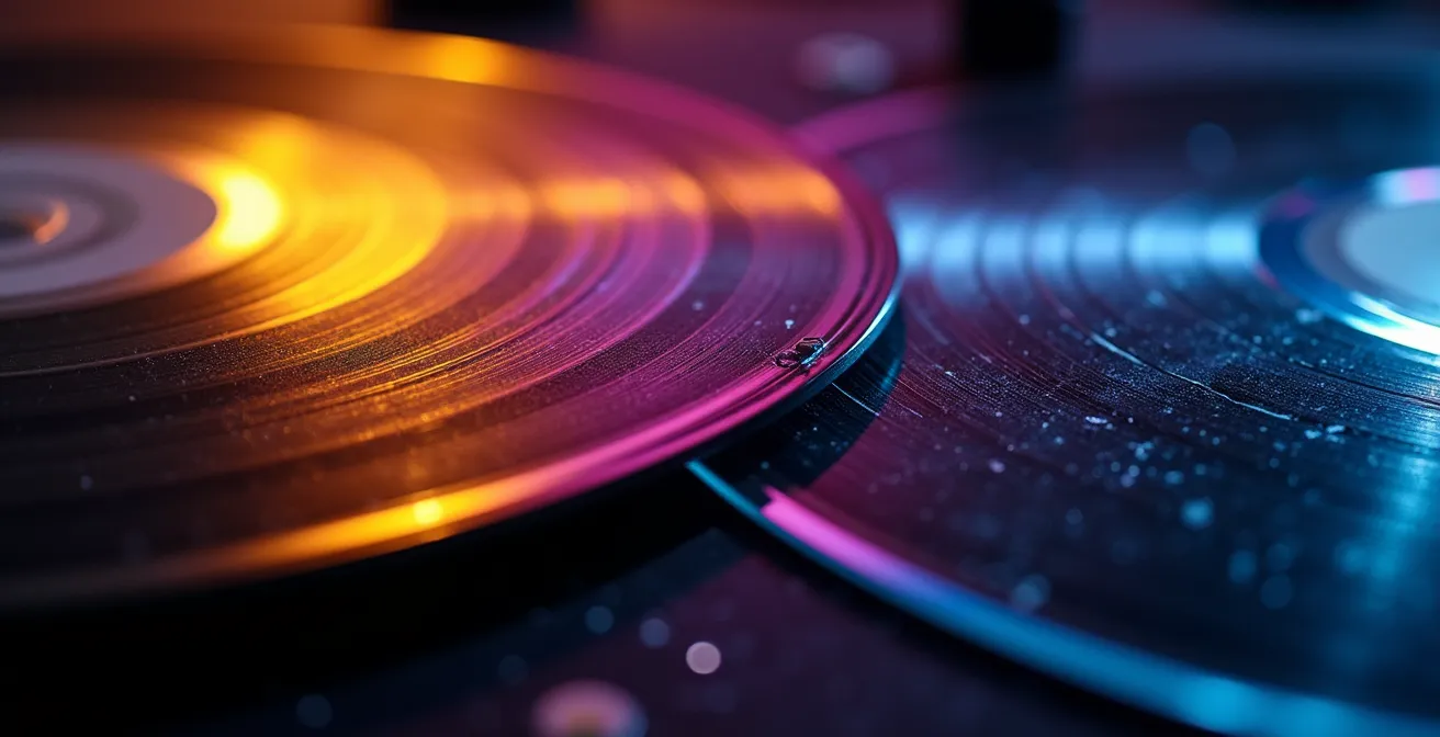 Gros plan macro sur des vinyles avec reflets colorés suggérant la fusion des genres musicaux
