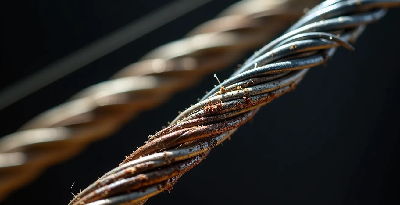 Macro photographie montrant la texture de cordes de guitare neuves et usées côte à côte