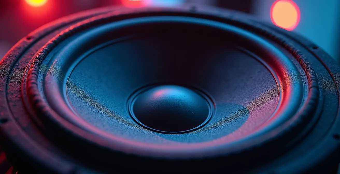 Gros plan macro sur membrane de haut-parleur vibrant avec ondes sonores visibles dans l'air