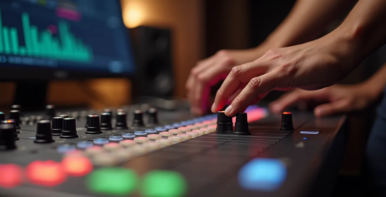 Gros plan sur des mains ajustant des faders sur une console de mixage professionnelle