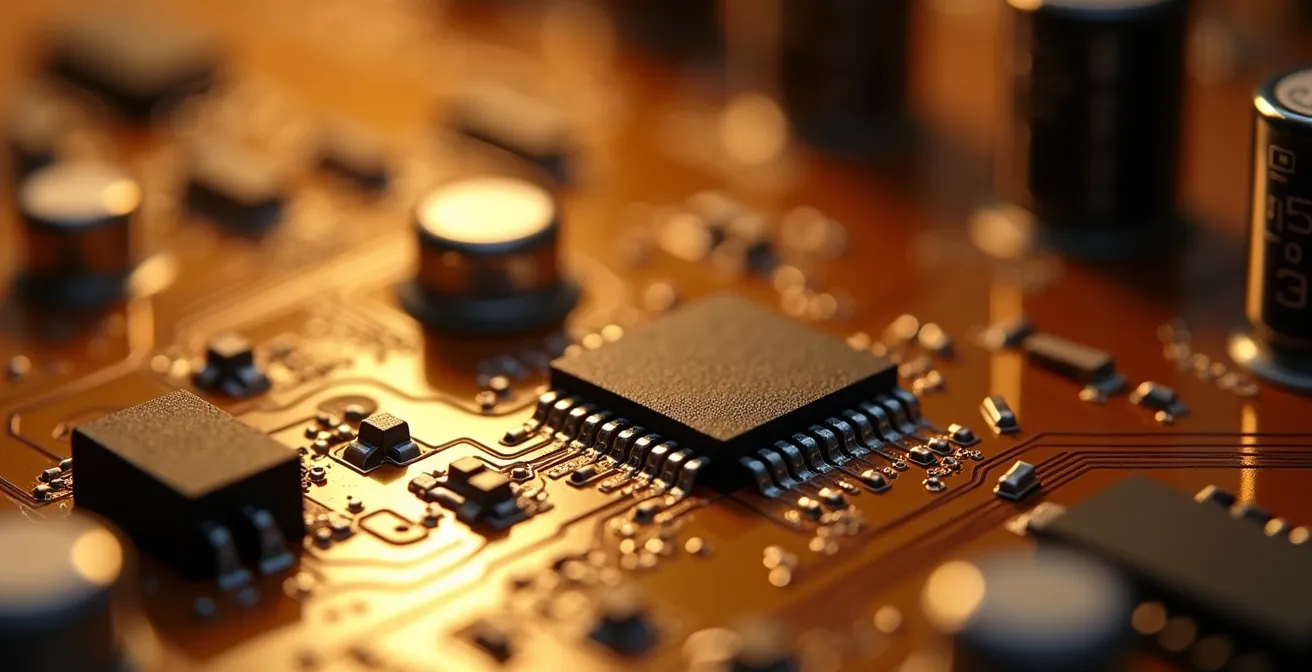 Vue macro d'un circuit analogique d'oscillateur révélant les textures électroniques et les composants créant la chaleur sonore