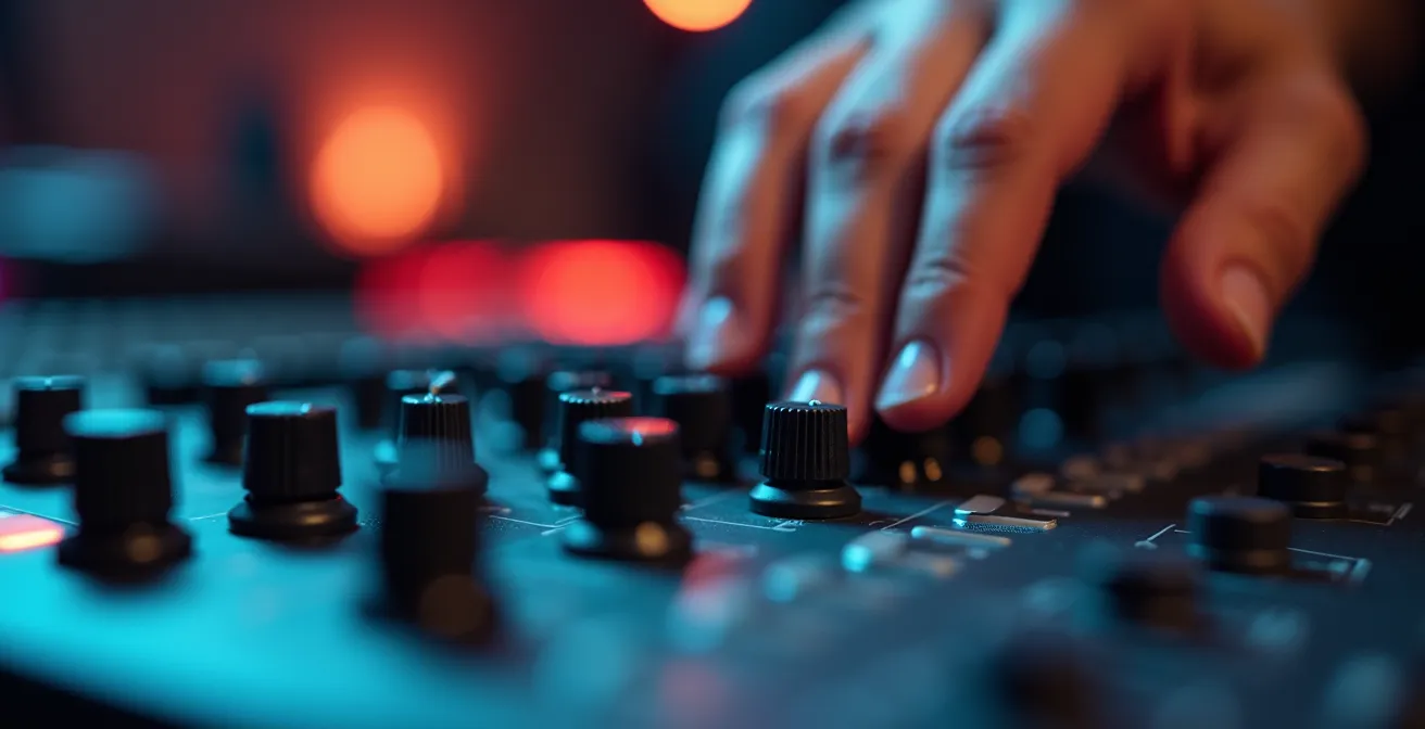 Gros plan sur une main ajustant des potentiomètres d'un contrôleur MIDI dans l'obscurité d'un studio