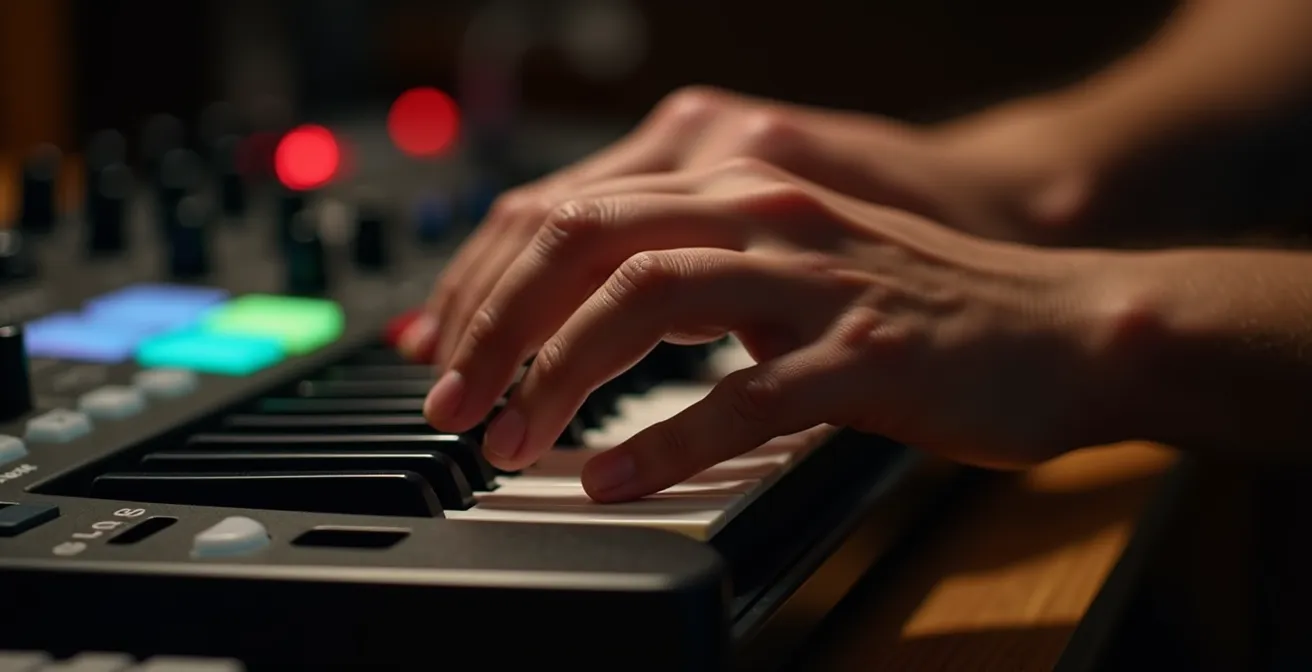Mains de producteur musical travaillant sur clavier MIDI et surface de contrôle