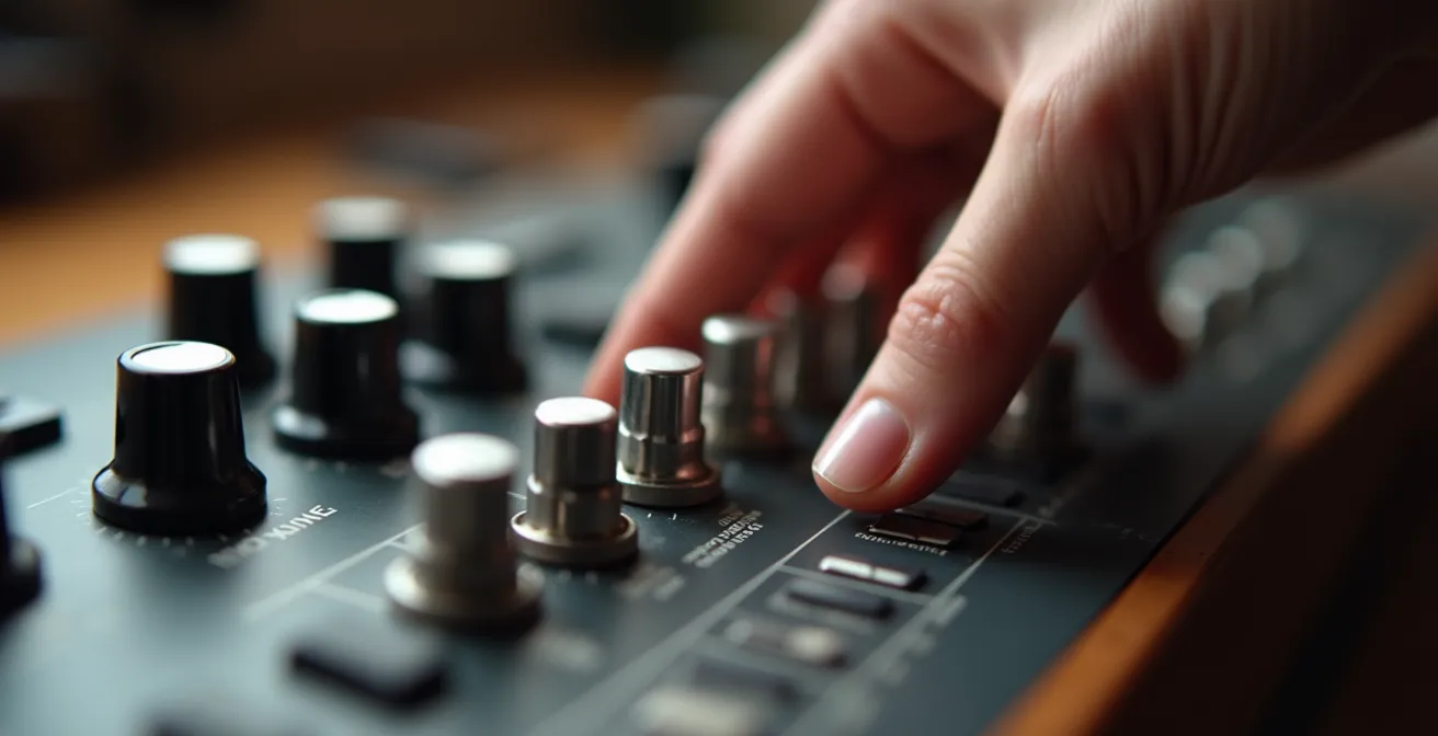 Gros plan sur les mains d'un musicien ajustant délicatement les potentiomètres d'un synthétiseur