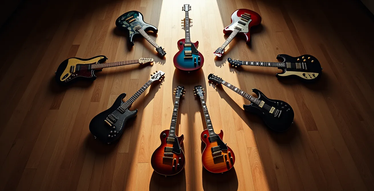 Représentation symbolique de deux modèles de leadership dans un groupe musical avec instruments disposés différemment