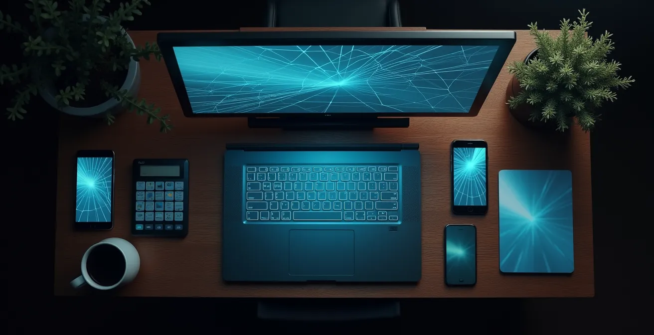 Bureau avec plusieurs appareils montrant des systèmes de surveillance en temps réel