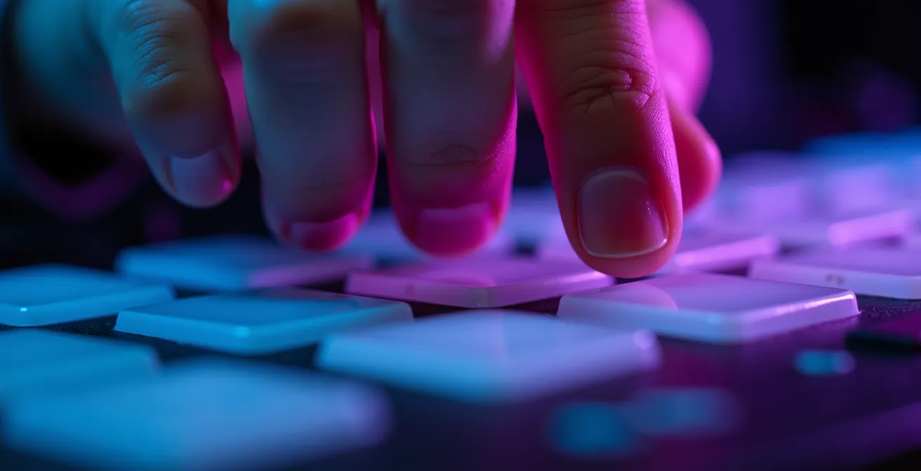Visualisation macro d'un contrôleur MPC avec pads lumineux créant un motif de batterie trap
